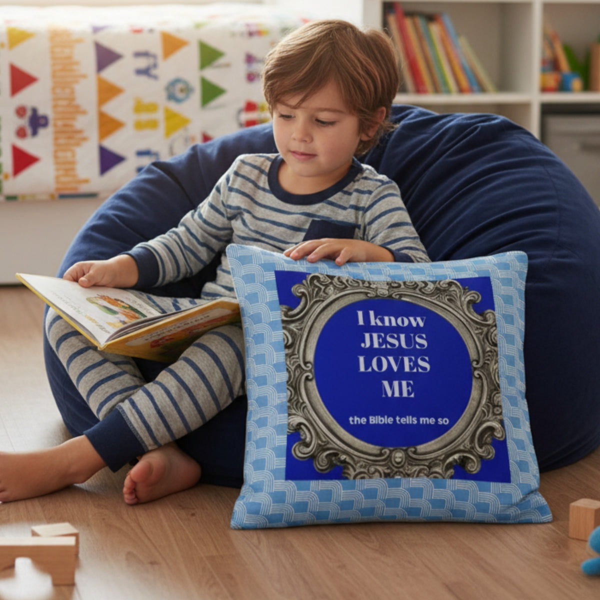 Cushion - Jesus Loves  - blue